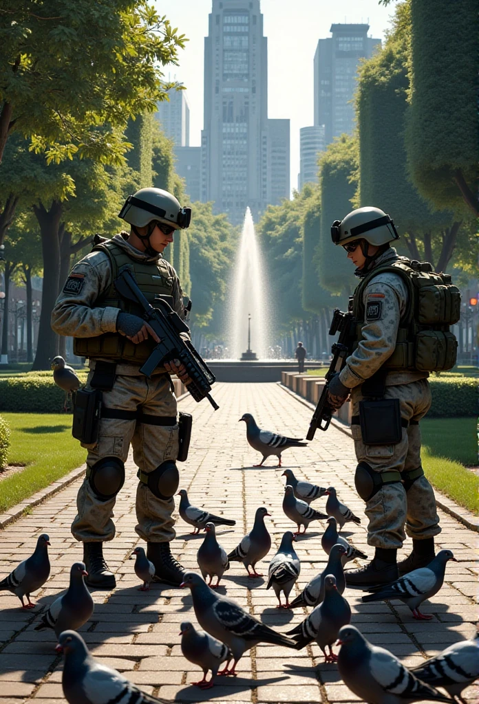 Members of the Special Forces feeding pigeons in the park.