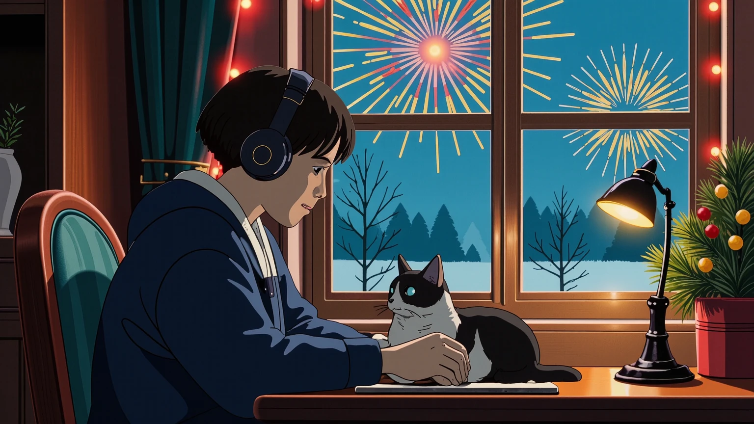 A scene of a person wearing ,  headphones sitting at a table in a cozy room with Christmas decorations, petting a cat and watching the fireworks outside the window