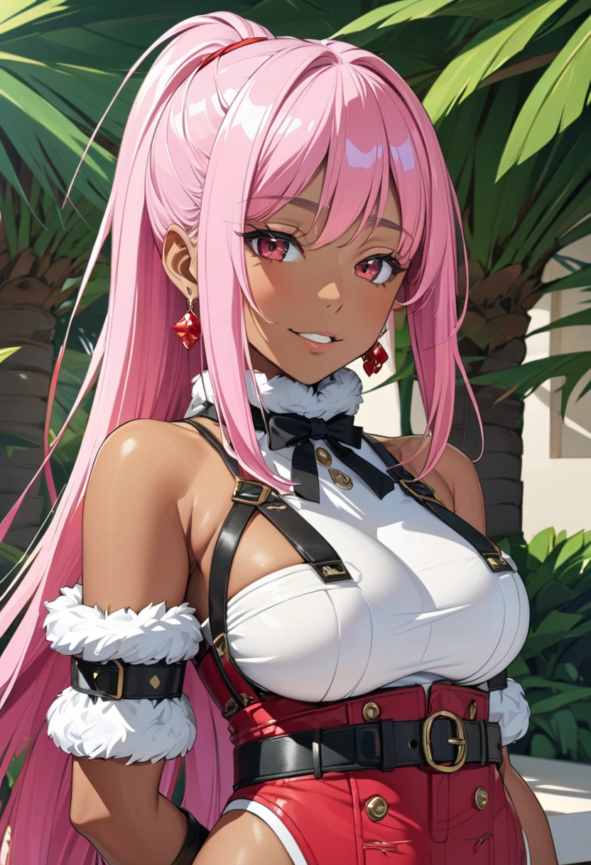 score_9, score_8_up, score_7_up, score_6_up, score_5_up, score_4_up, masutepiece, Best Quality, 8k high resolution, detailded face, detailed bpdy, perfect body, ultra high quality, 1girl, solo, Beautiful detailed eyes, large full breasts, cury body, Bring your chest together、(Breast bulge 1.2)、A smile、open mouth、Resort scenery、20years old、Adult beauty, (((arms behind back))), upper body, 
BREAK dark skin, pink hair, long hair, red eyes, single sidelock, earrings, ponytail, ribbon, tube top, bare shoulders, detached sleeves, fingerless gloves, single gauntlet, red denim shorts, fur trim, belt, strap, pouch, thigh holster, greaves