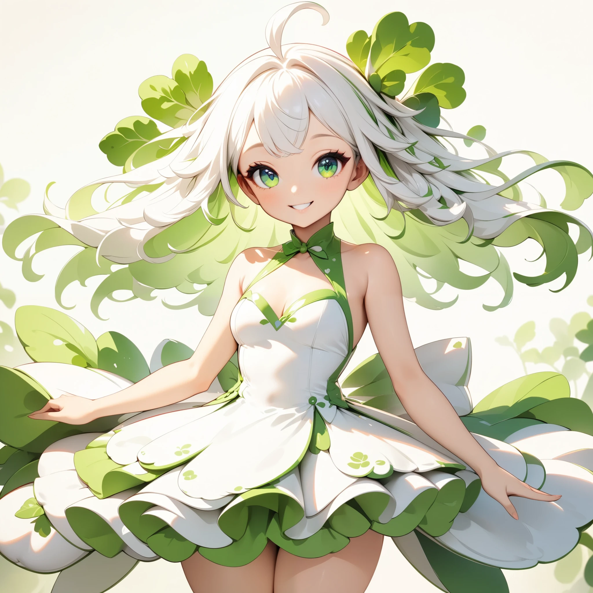 radish humanized,radish girl,cute radish concept costume,cute smile,sexy pose,(best quality,4k,8k,highres,masterpiece:1.2),ultra-detailed,(animestyle, Green and white dress:1.4, Long silver hair),1girl,extremely detailed eyes and face,longeyelashes,natural lighting,vibrant colors,fantasy,digital painting,concept art,soft lighting,warm color palette,dynamic pose,flowing hair