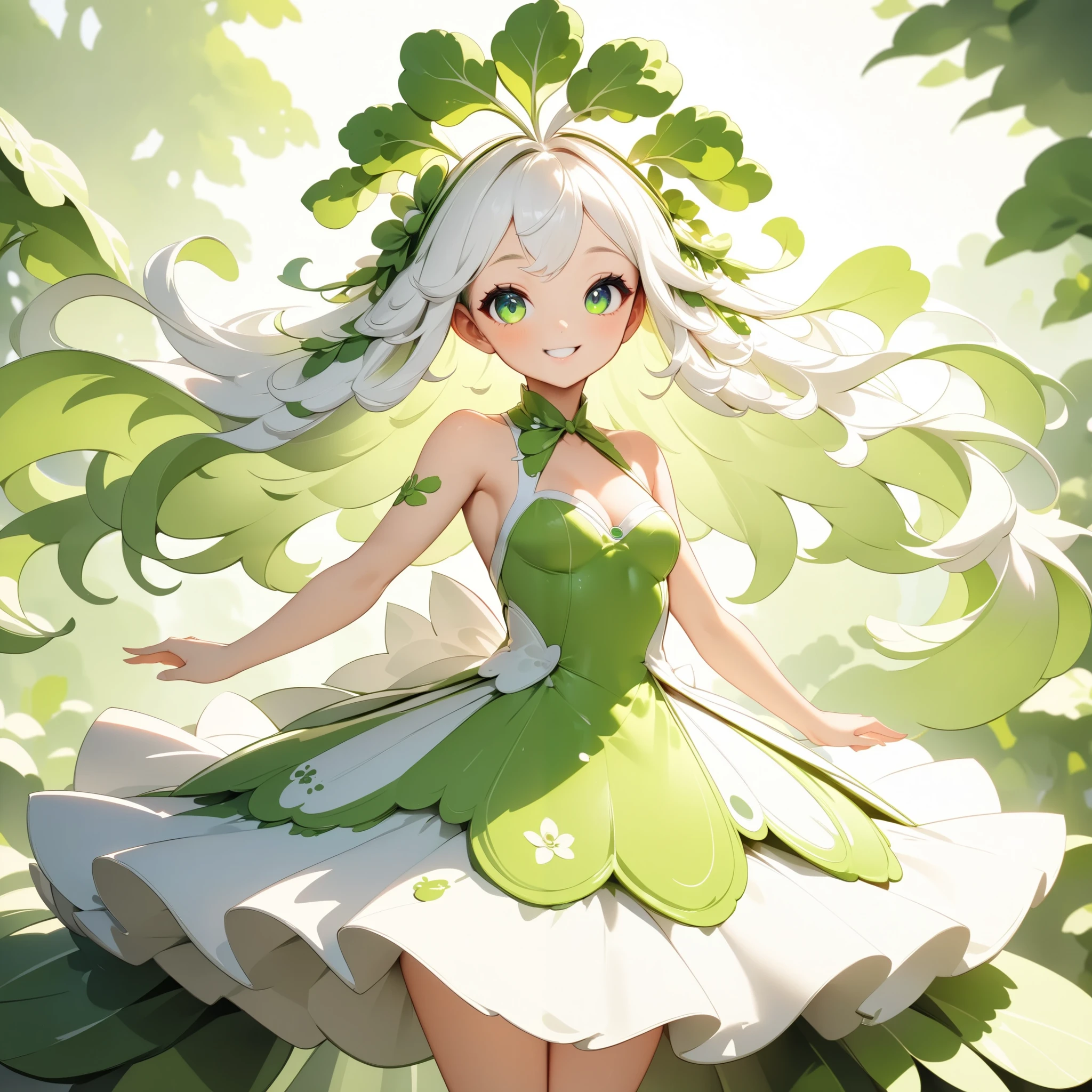 radish humanized,radish girl,cute radish concept costume,cute smile,sexy pose,(best quality,4k,8k,highres,masterpiece:1.2),ultra-detailed,(animestyle, Green and white dress:1.4, Long silver hair),1girl,extremely detailed eyes and face,longeyelashes,natural lighting,vibrant colors,fantasy,digital painting,concept art,soft lighting,warm color palette,dynamic pose,flowing hair