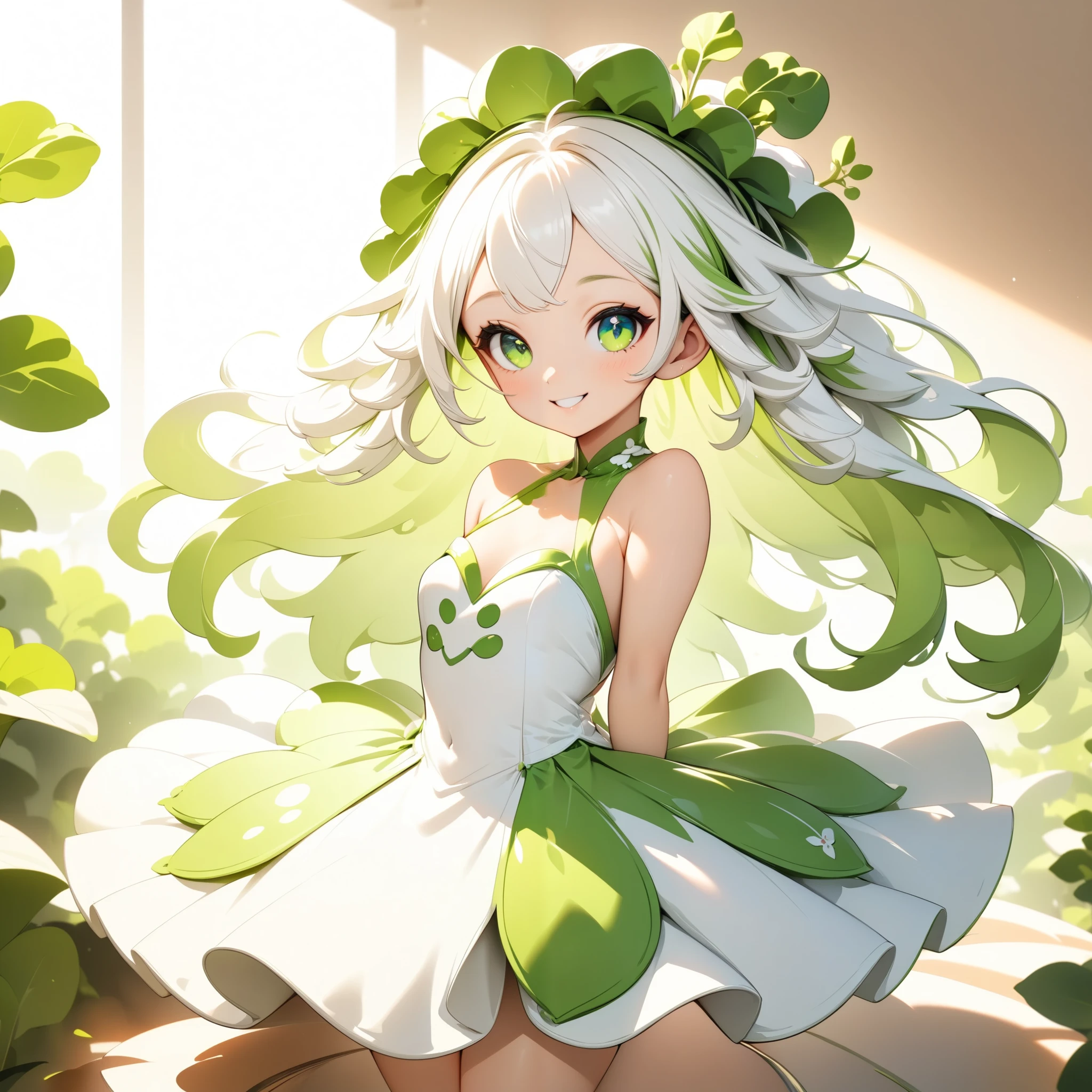 radish humanized,radish girl,cute radish concept costume,cute smile,sexy pose,(best quality,4k,8k,highres,masterpiece:1.2),ultra-detailed,(animestyle, Green and white dress:1.4, Long silver hair),1girl,extremely detailed eyes and face,longeyelashes,natural lighting,vibrant colors,fantasy,digital painting,concept art,soft lighting,warm color palette,dynamic pose,flowing hair