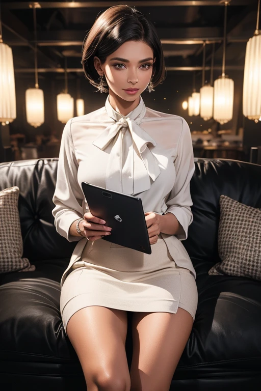 a woman in a black suit, short hair, mini skirt, black stockings, holding a tablet computer, detailed portrait, highly detailed, photorealistic, 8k, masterpiece, (best quality:1.2), (realistic:1.37), elegant, professional, dynamic pose, studio lighting, dramatic lighting, cinematic, beautiful detailed eyes, beautiful detailed lips, extremely detailed face and features, intricate details, hyperrealistic, seamless, no blemishes, refined, high fashion, glamorous, confident, city background, urban setting，Secretary