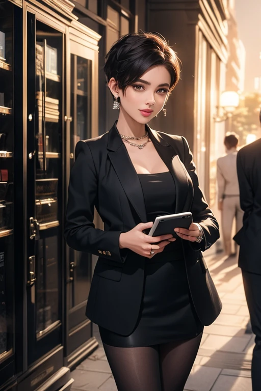 a woman in a black suit, short hair, mini skirt, black stockings, holding a tablet computer, detailed portrait, highly detailed, photorealistic, 8k, masterpiece, (best quality:1.2), (realistic:1.37), elegant, professional, dynamic pose, studio lighting, dramatic lighting, cinematic, beautiful detailed eyes, beautiful detailed lips, extremely detailed face and features, intricate details, hyperrealistic, seamless, no blemishes, refined, high fashion, glamorous, confident, city background, urban setting，Secretary