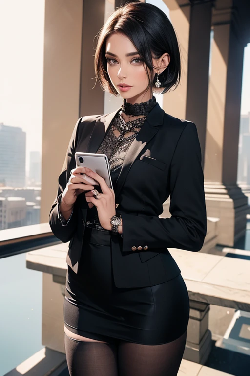 a woman in a black suit, short hair, mini skirt, black stockings, holding a tablet computer, detailed portrait, highly detailed, photorealistic, 8k, masterpiece, (best quality:1.2), (realistic:1.37), elegant, professional, dynamic pose, studio lighting, dramatic lighting, cinematic, beautiful detailed eyes, beautiful detailed lips, extremely detailed face and features, intricate details, hyperrealistic, seamless, no blemishes, refined, high fashion, glamorous, confident, city background, urban setting，Secretary