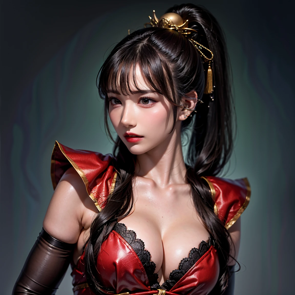  close-up of a woman wearing red armor and a red cloak, 1 person, high ponytail ,Cleavage , Thin Waist High Definition Face and Skin Textures, camera pointing at your butt, perfect beauty: 1.4, fine grain, double eyelids, Whitening,  best quality ,  super high resolution,simple background, Chinese Warrior ,Martial Arts, simple background,  very detailed,Beautiful female warrior,