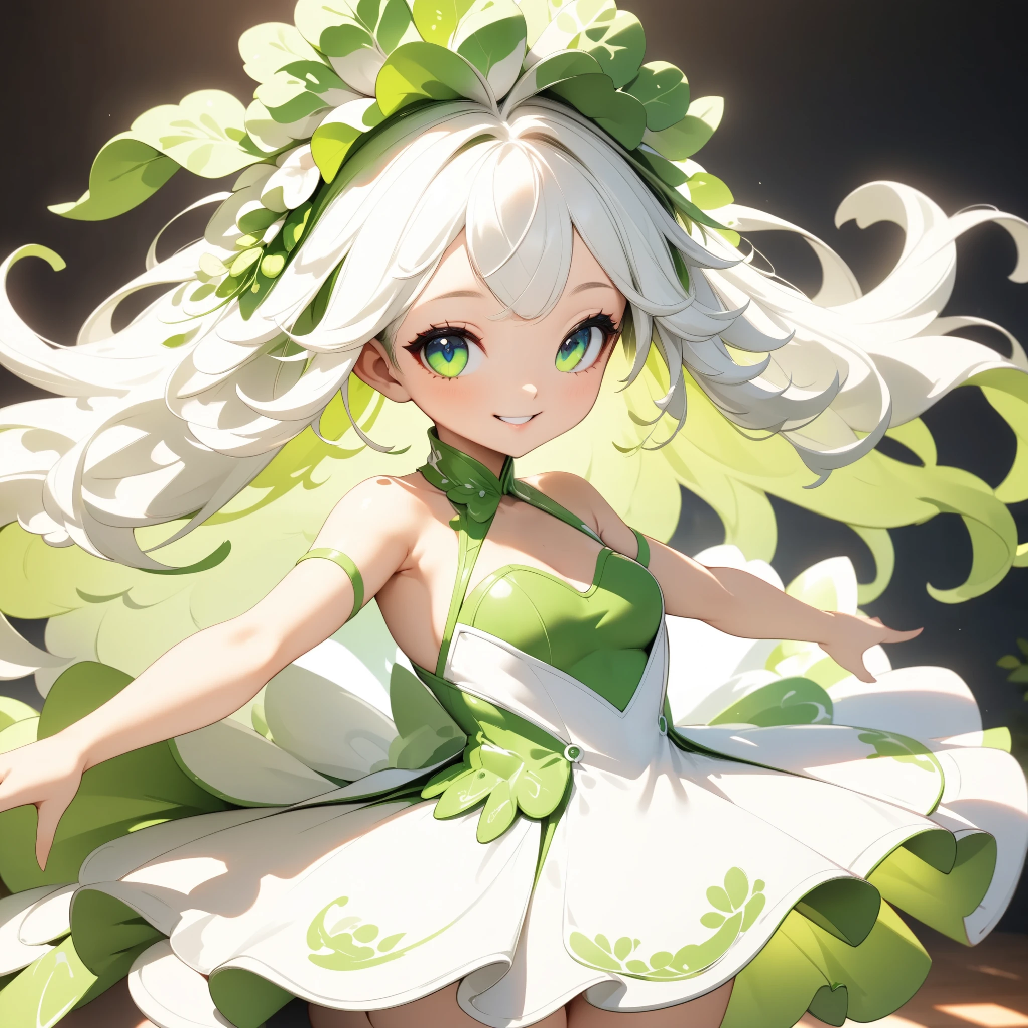 radish humanized,radish girl,cute radish concept costume,cute smile,sexy pose,(best quality,4k,8k,highres,masterpiece:1.2),ultra-detailed,(animestyle, Green and white dress:1.4, Long silver hair),1girl,extremely detailed eyes and face,longeyelashes,natural lighting,vibrant colors,fantasy,digital painting,concept art,soft lighting,warm color palette,dynamic pose,flowing hair