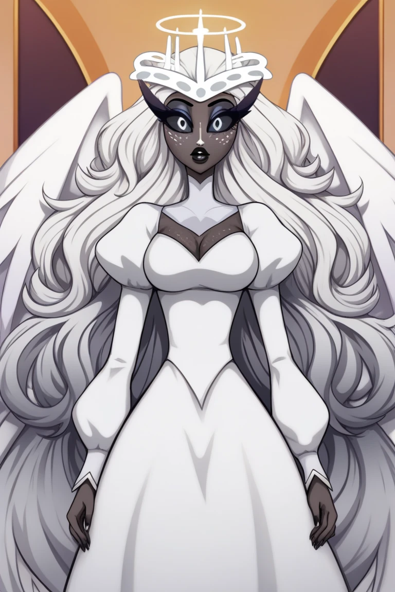 SeraHHXL, dark skin, colored skin, white nose, white freckles face, long eyelashes, makeup, black lips, grey sclera, colored sclera, black pupils, white hair, long hair, halo, glowing halo, angel wings, breasts, puffy sleeves, white dress, long slevees, long skirt, (solo), standing, cape, looking at viewer, indoors