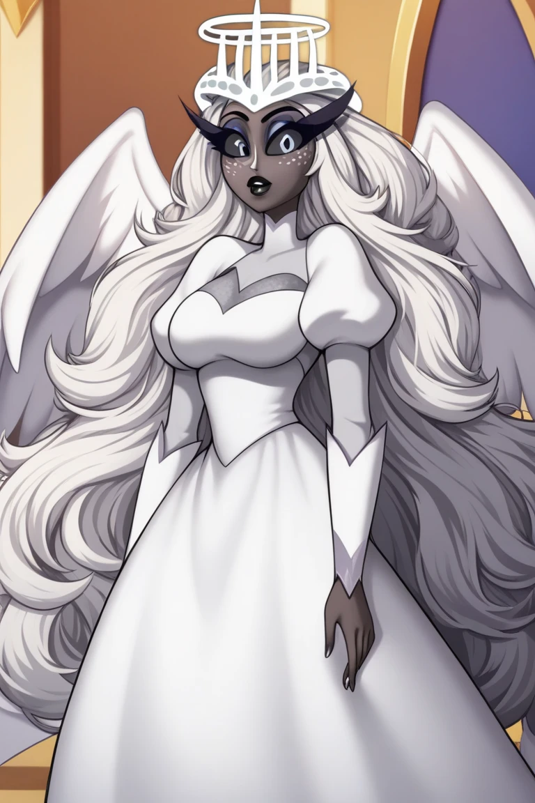 SeraHHXL, dark skin, colored skin, white nose, white freckles face, long eyelashes, makeup, black lips, grey sclera, colored sclera, black pupils, white hair, long hair, halo, glowing halo, angel wings, breasts, puffy sleeves, white dress, long slevees, long skirt, (solo), standing, cape, looking at viewer, indoors