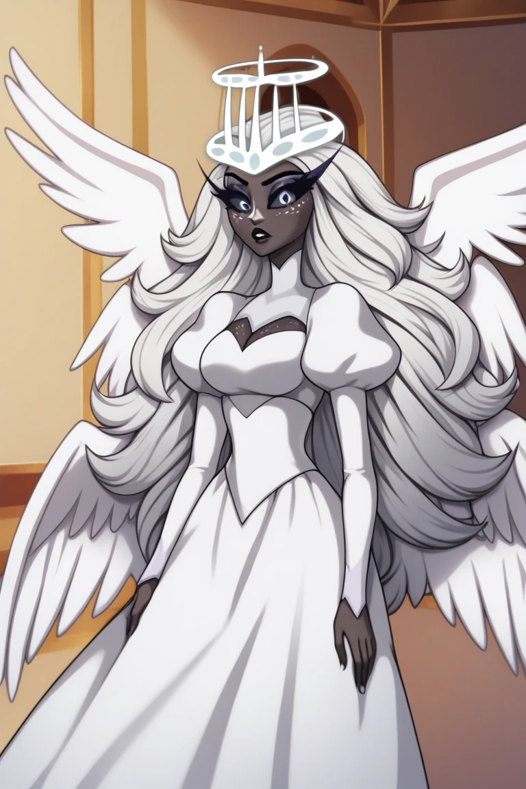 SeraHHXL, dark skin, colored skin, white nose, white freckles face, long eyelashes, makeup, black lips, grey sclera, colored sclera, black pupils, white hair, long hair, halo, glowing halo, angel wings, breasts, puffy sleeves, white dress, long slevees, long skirt, (solo), standing, cape, looking at viewer, indoors