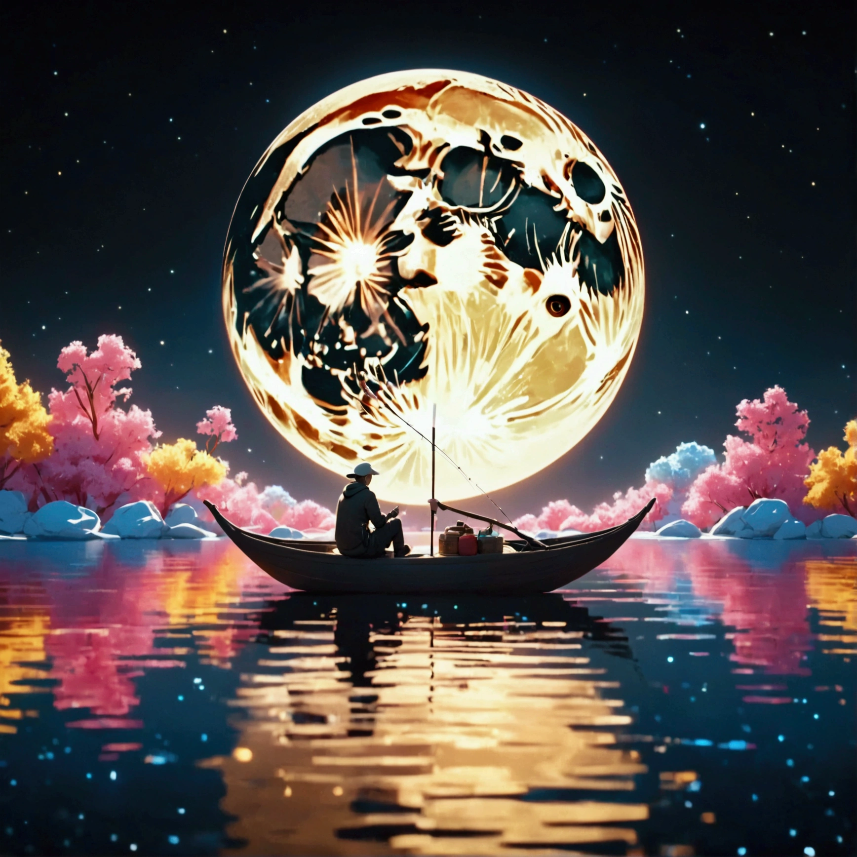  charming fisherman sitting on a new moon, 1 person,  holding a fishing rod ， Very fine line ，Straight down ,  At the end is an aesthetic earth ,  transparent and beautiful ，Bright interior, Super Fine, masterpiece, Luxurious and simple , Magnificent and simple composition ,  Ultimate Quality , Art Design,  dark pop fantasy , Holographic reflection ,  Seamlessly blends with the moon ,  Refined aesthetics 