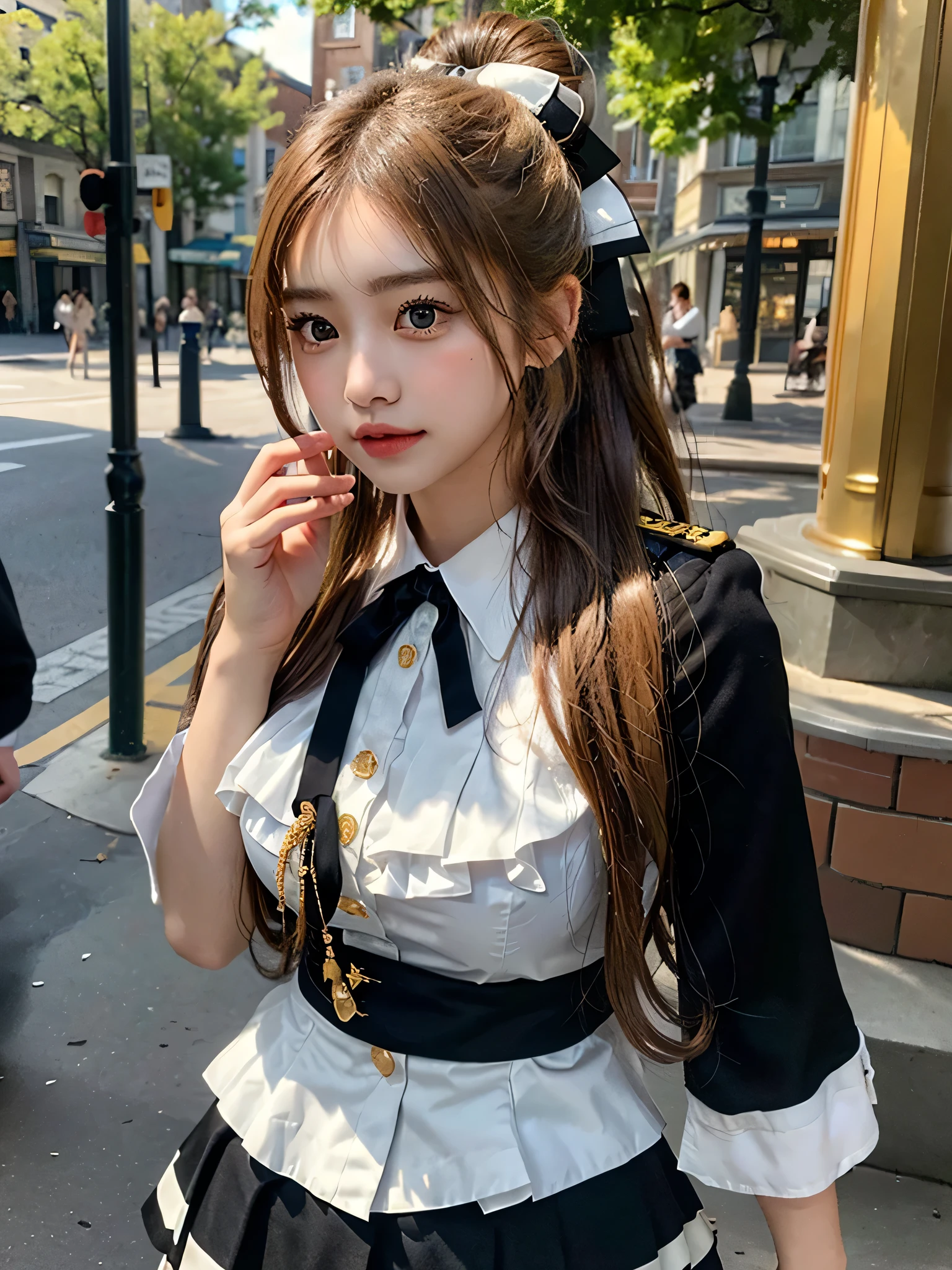 masterpiece, Best Quality, 8K、highres, Sento Isuzu, 1girl, ponytail, (Golden Ratio Face、Balanced eyes、very gentle eyelids)、double eyelid、Beautiful nasal muscles、Shy laughter、Lip Gloss 、Very beautiful girl、Beautiful girl solo like a model、View photographer,  hair bow, brown eyes, uniform, red shirt, aiguillette, black skirt, white thighhighs, amusement park, standing, cowboy shot, hand on hip, sexy pose, dynamic pose, medium breasts