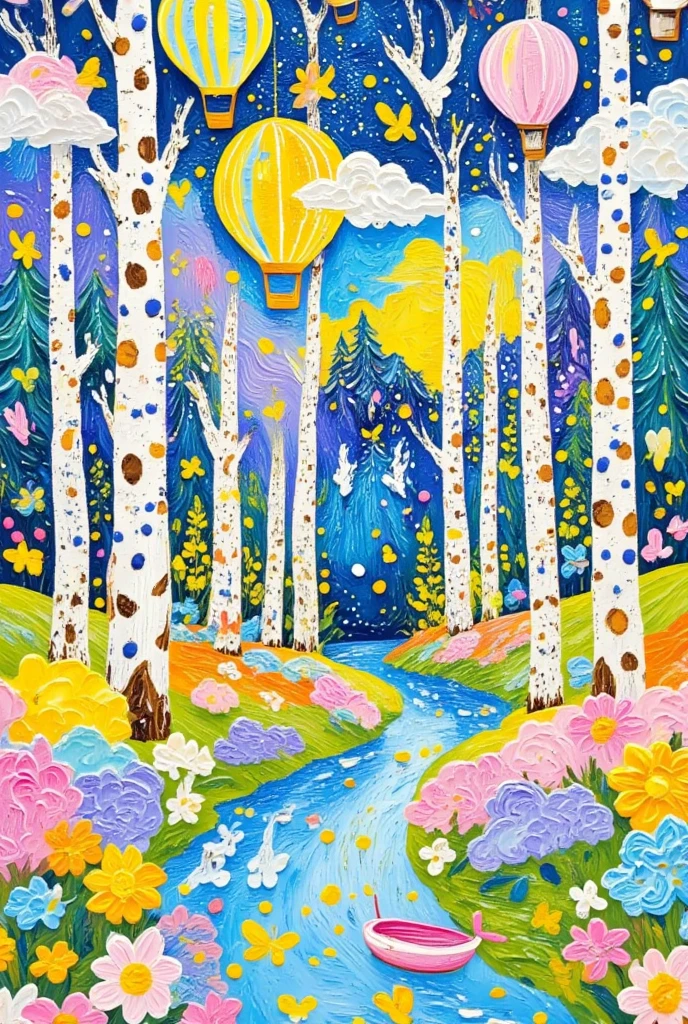 a painting of a path through a forest with trees and polka dot dots,   This is a picture that won the S J   "Stanley donwood " birch,  Behance Contest winning work , Simple Art, whimsical forest, birch forest clearing, white birch, bright forest, bright nordic forest, white birch树, forest. 白树, candy forest,  Style Lamorna  