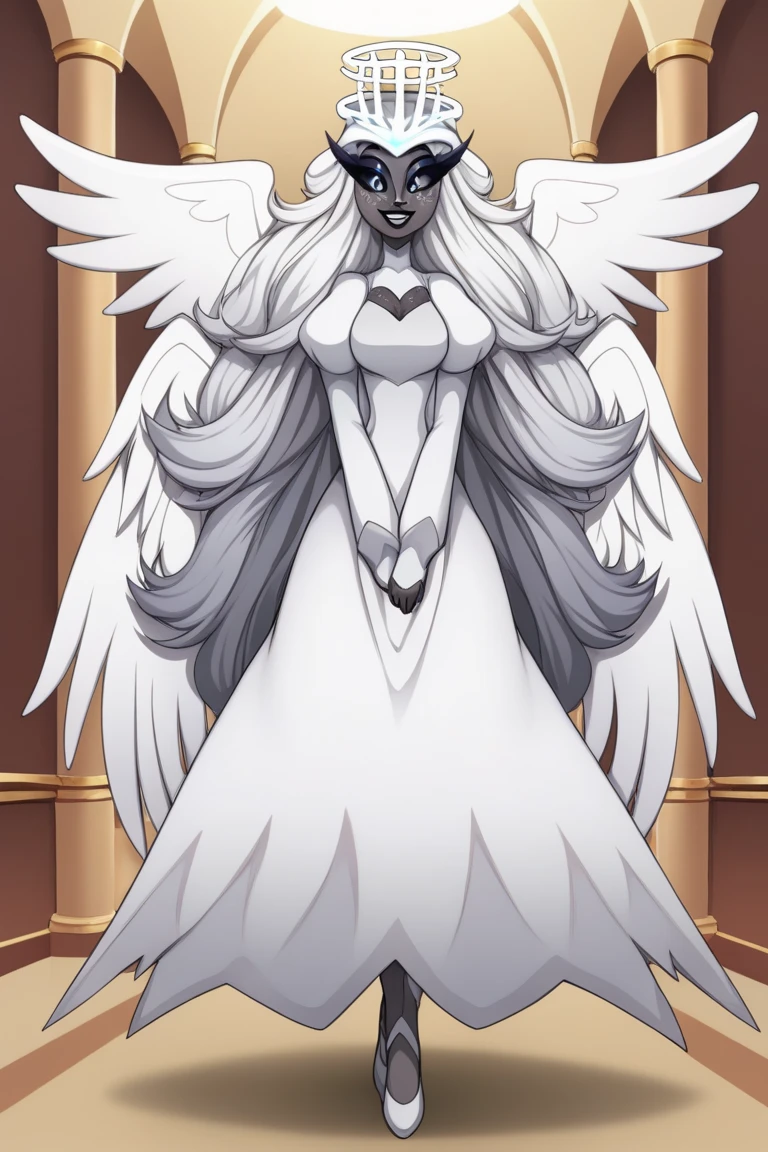 SeraHHXL, dark skin, colored skin, white nose, white freckles face, long eyelashes, makeup, black lips, grey sclera, colored sclera, black pupils, smile, white hair, long hair, halo, glowing halo, angel wings, breasts, puffy sleeves, white dress, long slevees, long skirt, (solo), standing, cape, cape covering full body, looking at viewer, indoors