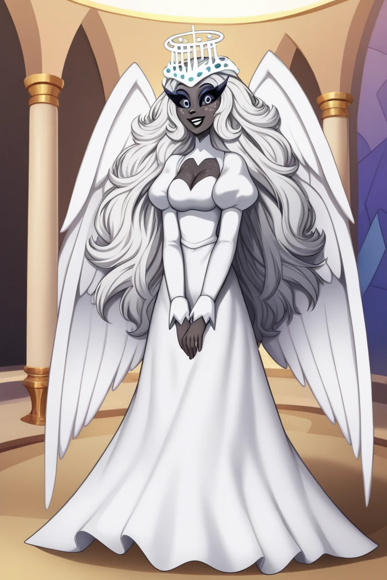 SeraHHXL, dark skin, colored skin, white nose, white freckles face, long eyelashes, makeup, black lips, grey sclera, colored sclera, black pupils, smile, white hair, long hair, halo, glowing halo, angel wings, breasts, puffy sleeves, white dress, long slevees, long skirt, (solo), standing, cape, cape covering full body, looking at viewer, indoors