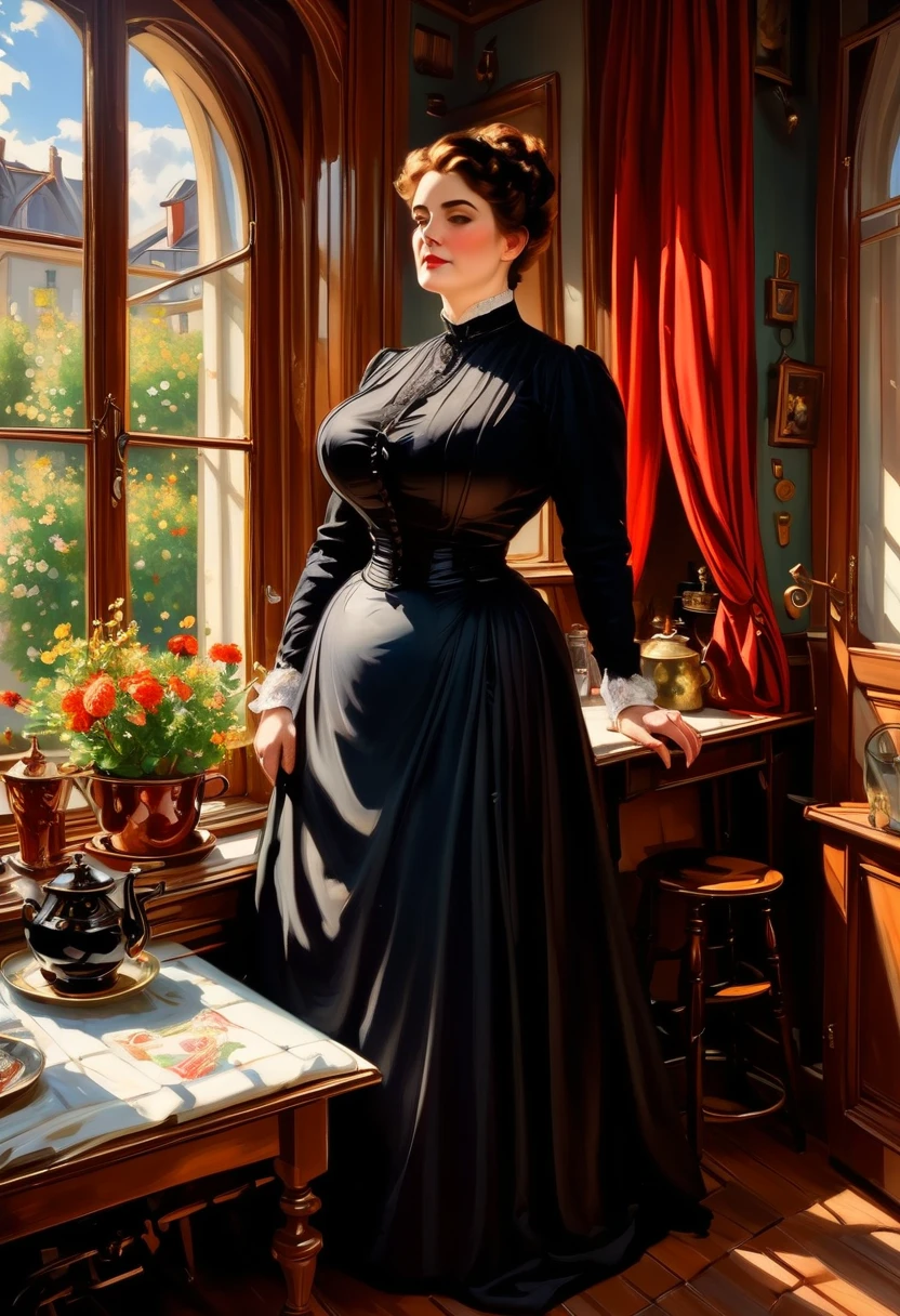 ((Full body shot)) of A voluptuous buxom mature Victorian widow standing on the floor of her kitchen in front of a window , by Jean Béraud, inspired by Jean Béraud, inspired by Édouard Detaille, edouard leon cortes, inspired by Ivan Kramskoi, inspired by Jean-Louis-Ernest Meissonier, by Édouard Detaille, inspired by Paul Émile Chabas