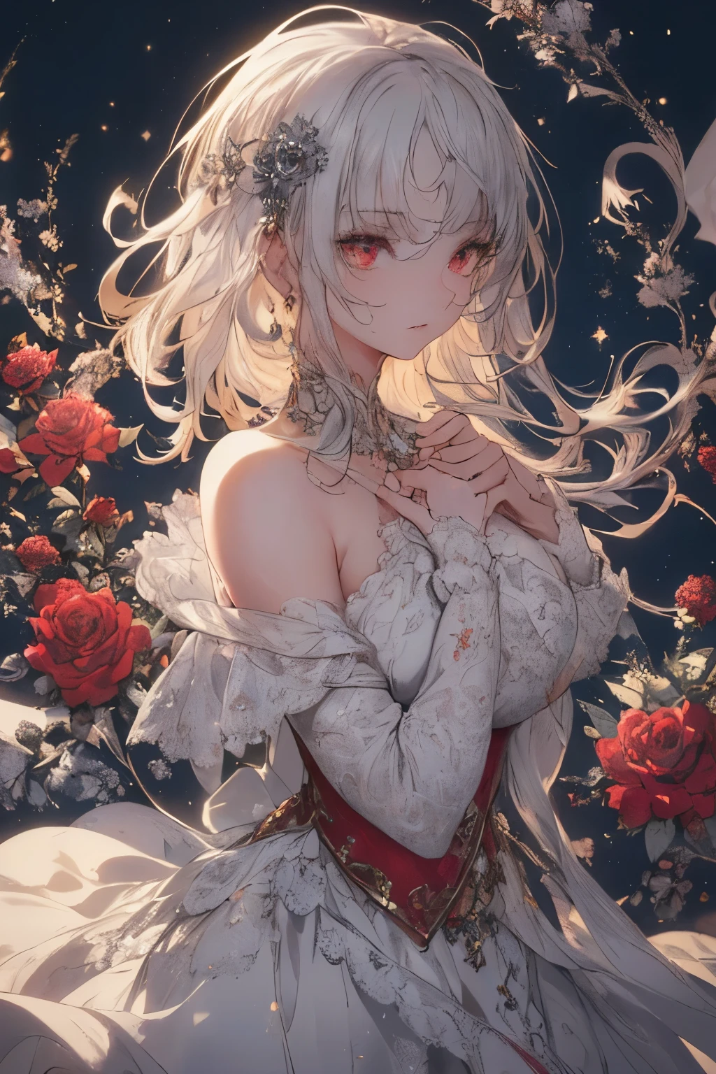 (Landscape photo, with a woman in the bottom right of photo:1.5, in white garden:1.5), Masterpiece, best quality, (very detailed CG unity 8k wallpaper), (best quality), High definition RAW color art, Animation,sculptures, (black Marble Skin), (((Ultra detailed elegant))), Magical atmosphere, Detailed skin, Texture,(Intricately detailed, Fine detail, ultra-detail art), depth of fields, Bokeh, Silky Touch, Hyper Detail, beautiful eyes, elegant face, (lying on floor, upper body focus), sparkle background, enormous breast:1.3, (silver hair), pure white, pose, muscle, embarrassing face, rose, light