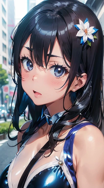 1womanl,Black hair,12year old ,((Impatient expression)),Beautiful breasts,(((Sexy magical girl white and blue shiny bodysuit)))(())(((Blushing cheeks、Surprised look)),(((Satin Narico))),((( portlate))),we have blue eyelashes)))()Street,Crowds(magical girl hair ornament)