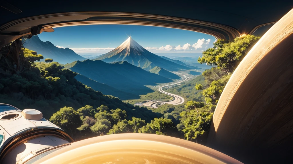 professional photo. a huge view of Saturn in shape. tropical mountain jungle, clear day.