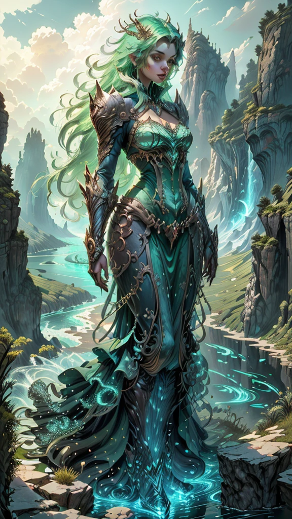 Woman in a green dress standing on a cliff overlooking the river, 4k fantasy art,  Detailed Fantasy Art ,   beautiful fantasy art  , highly  Detailed Fantasy Art , High quality fantasy art,  8k fantasy art ,  Artgerm Julie Bell Beeple ,  detailed fantasy digital art ,  Fantasy Style Art , Mohrbach, peter Mohrbach style, very   beautiful fantasy art  