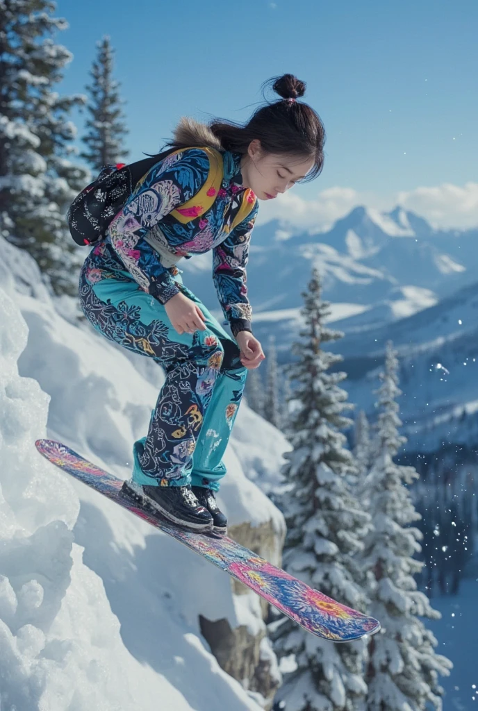 A hyper-realistic depiction of a slender Japanese woman performing a jump on a snowboard off a snowy cliff. She is dressed in stylish winter sportswear, with snow flying around her as she soars through the air. The background features a stunning snowy landscape with mountains and trees, capturing the thrill and energy of the moment.