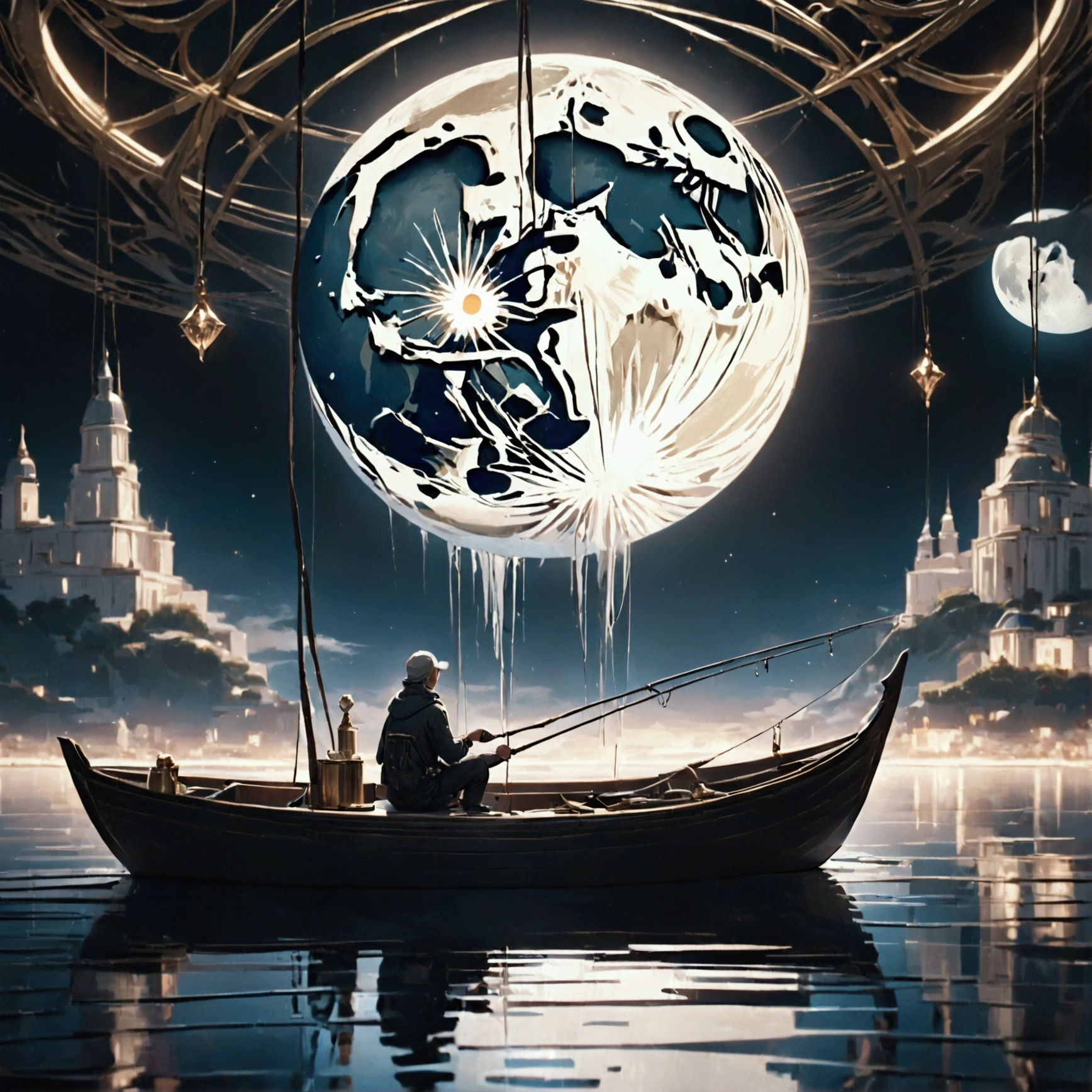  charming fisherman sitting on a new moon, 1 person,  holding a fishing rod ， Very fine line ，Straight down ,  At the end is an aesthetic earth ,  transparent and beautiful ，Bright interior, Super Fine, masterpiece, Luxurious and simple , Magnificent and simple composition ,  Ultimate Quality , Art Design,  dark pop fantasy , Holographic reflection ,  Seamlessly blends with the moon ,  Refined aesthetics 