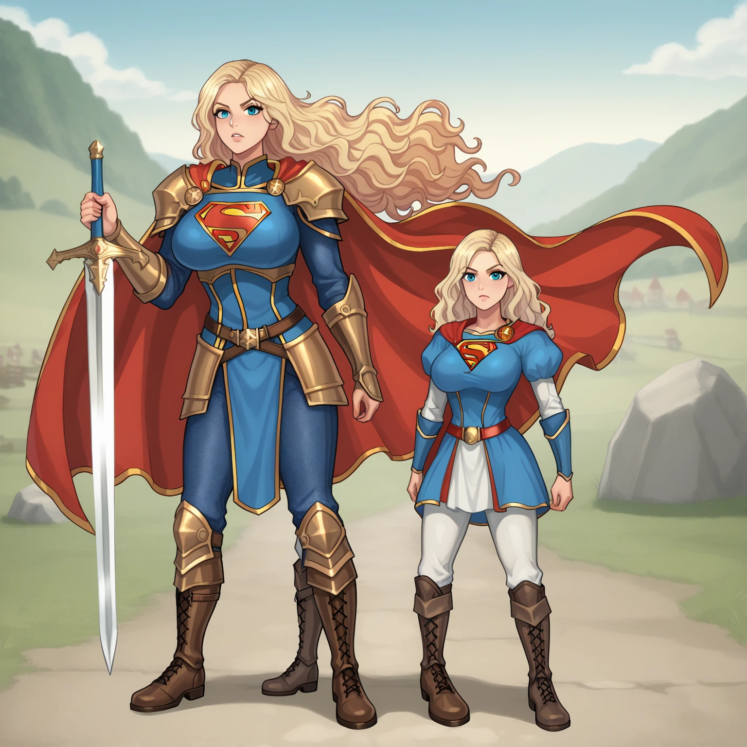 Supergirl warrior champion in paladin clothing,  voluptuous body , medieval, isekai,  long wavy hair, split hair style,  full armor with cape , High combat boots , sword
