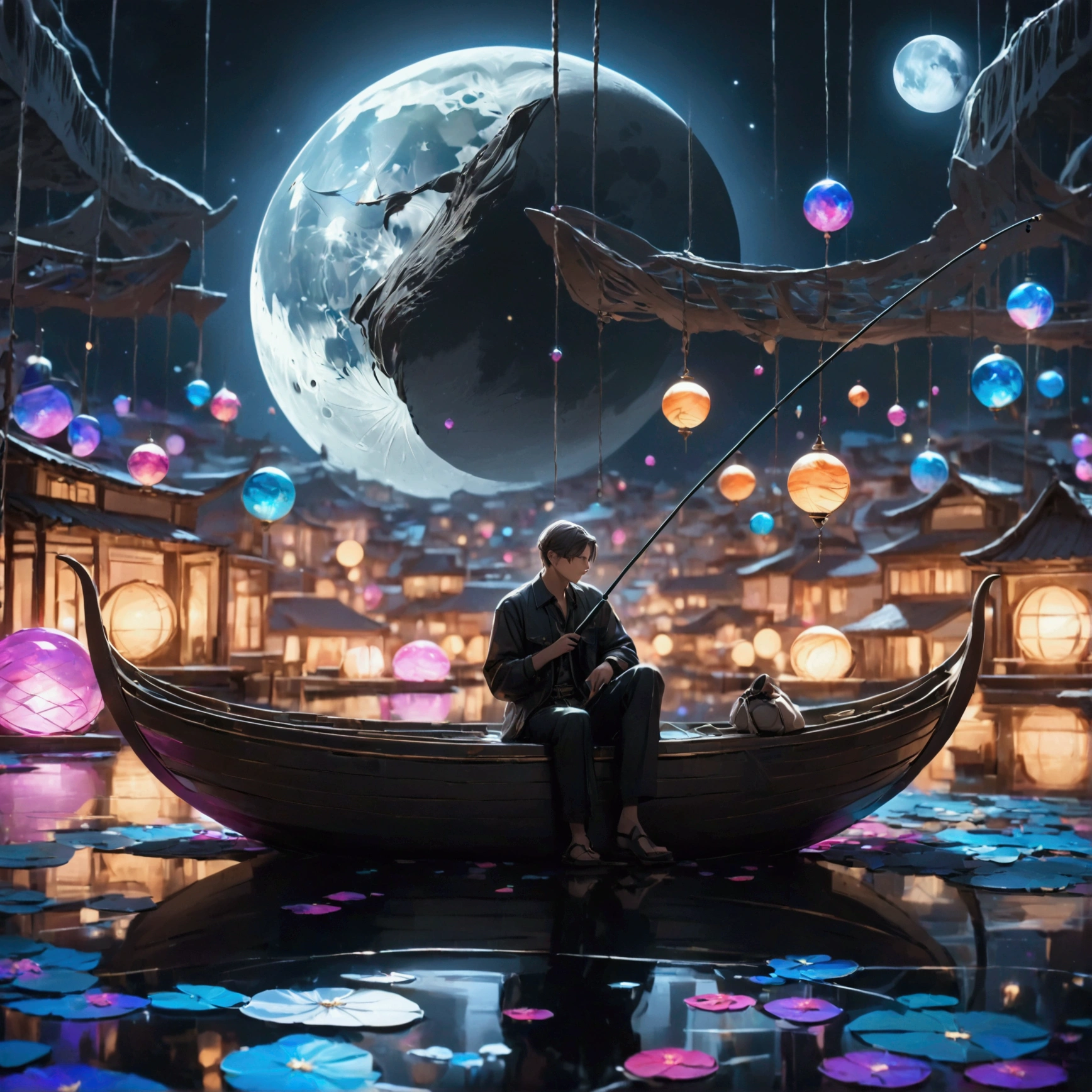  charming fisherman sitting on a new moon, 1 person,  holding a fishing rod ， Very fine line ，Straight down ,  At the end is an aesthetic earth ,  transparent and beautiful ，Bright interior, Super Fine, masterpiece, Luxurious and simple , Magnificent and simple composition ,  Ultimate Quality , Art Design,  dark pop fantasy , Holographic reflection ,  Seamlessly blends with the moon ,  Refined aesthetics 