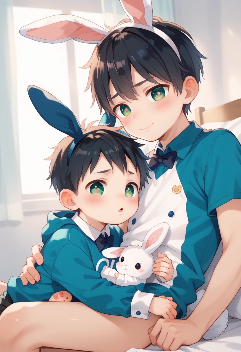 Comic style, comic anime cute boy, black hair, green eyes, slightly blushing, is a primary school boy, baby clothes, bunny suit pink, cute face, big eyes, anime drawing style, shota boy size,slim body, boy's body, gay, boys love it, man and boy, heart in pupil baby boy, small boy, arm hug holding boyfriend, baby bunny clothes 