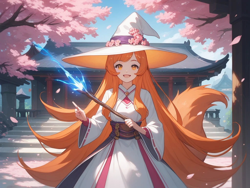  A kitsune young witch, wearing a white dress and a long pink elegant witch's tunic above all. a kind smile. with orange hair and golden glitter eyes. holding a thin wooden stick in her hand, from which blue sparks come out. Standing in front of an old Japanese castle with a school aesthetic with several cherry blossom trees around it, which give a beautiful and peaceful atmosphere. With a dormant volcano in the background. Soft anime style. Harry Potter style 