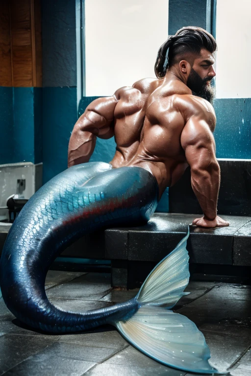 Muscular wet man with blue muscular mermaid tail instead of legs. Lying and sleeping on gym. Bodybuilder team. It is oiled , cracked and greasy . It is very much oiled and wet. back , ass. black long hair, black long beard. It's raining , raining.