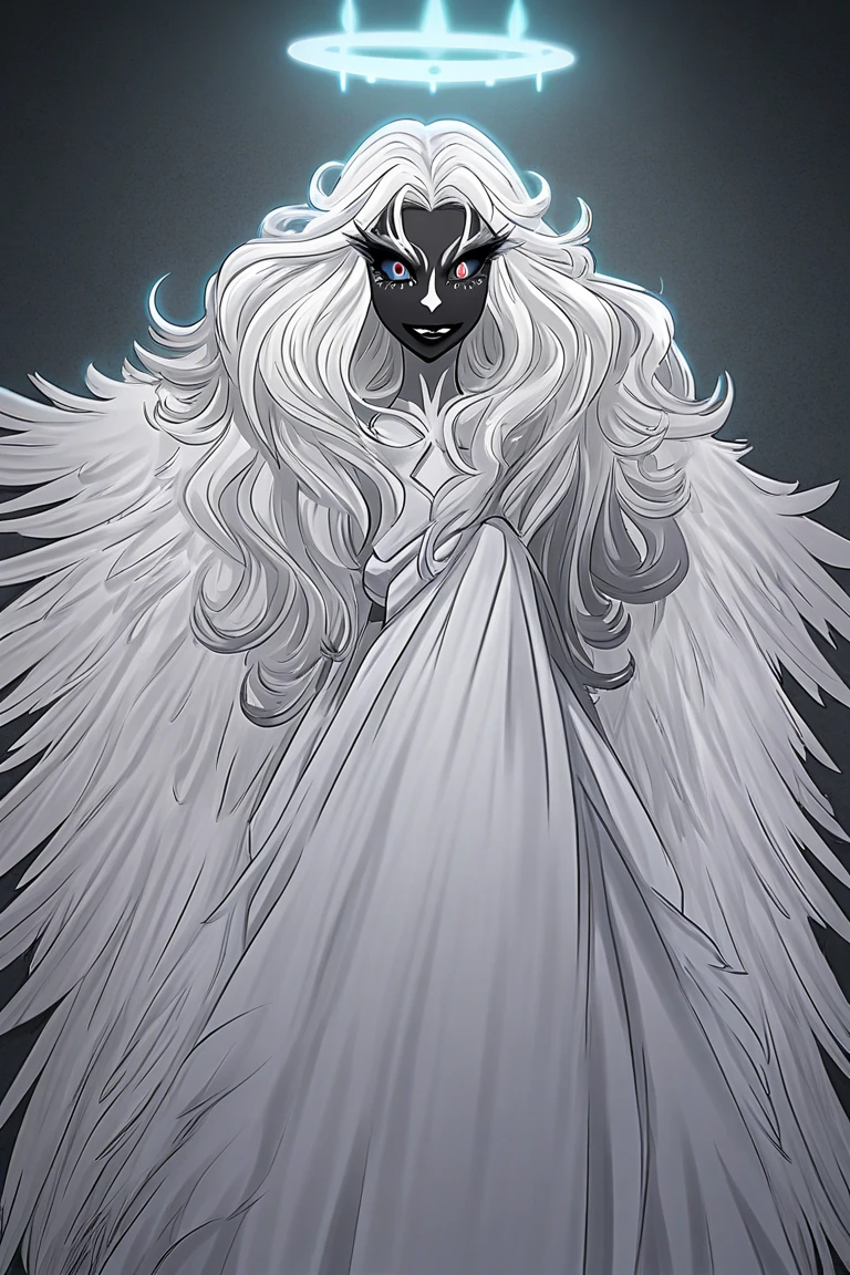 SeraHHXL, dark skin, colored skin, white nose, white freckles face, long eyelashes, makeup, black lips, grey sclera, colored sclera, black pupils, smile, white hair, long hair, halo, glowing halo, angel wings, breasts, long skirt, (solo), standing, cape, cape covering full body, looking at viewer, indoors