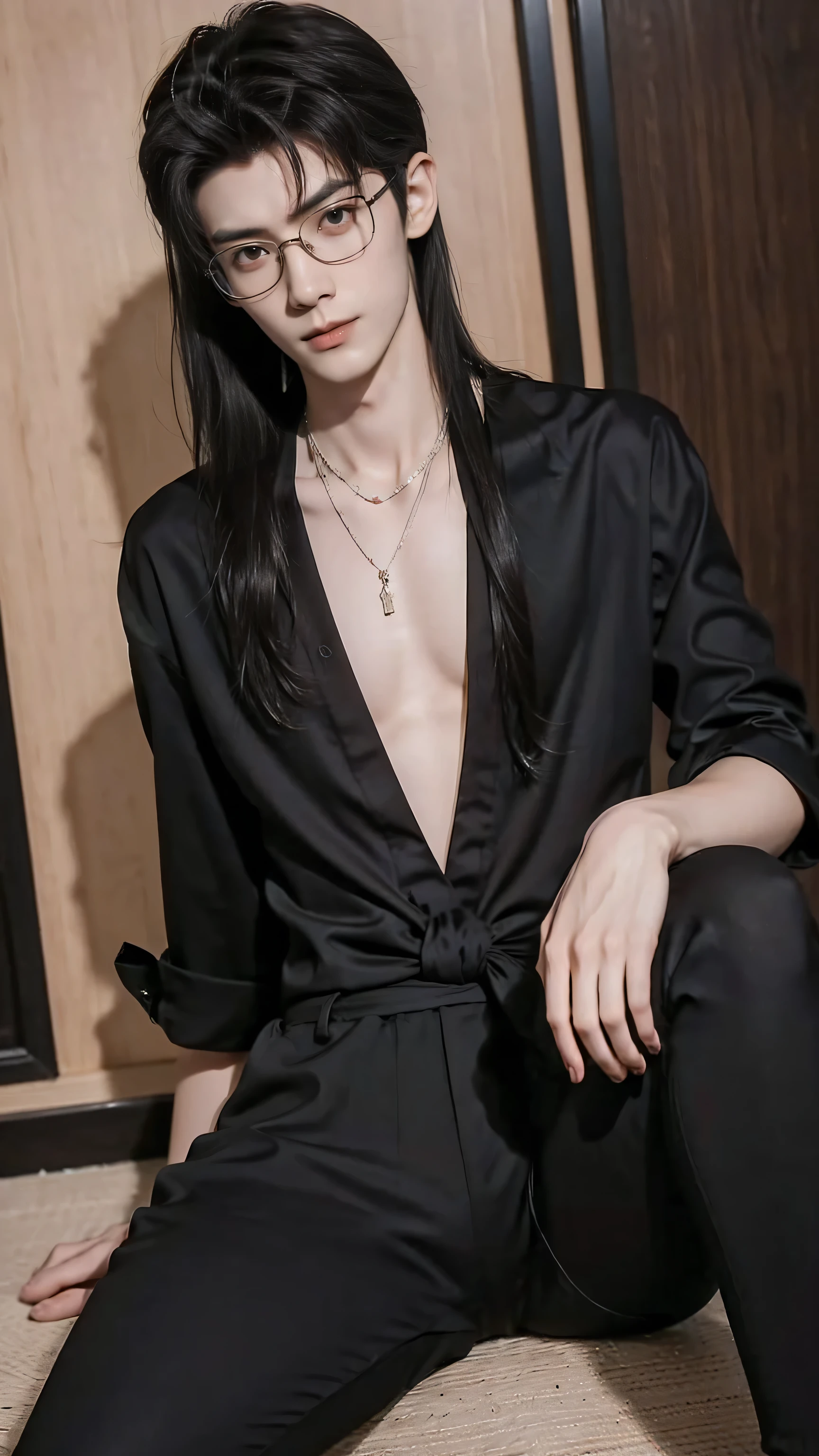  1 handsome skinny man ，Thick hair， long hair，Long bangs， Bangs cover forehead  ，thin，,Slim waist， slim thighs ，Slender, well-shaped legs， slender neck ， spread legs ， exquisite face ， The necklace is tied around the neck  ，Black socks，  A gentleman with a dark side，men's tight casual wear，Deep V neck，Navel， high elastic leggings ， glasses， put your hands behind your back，Showing collarbone