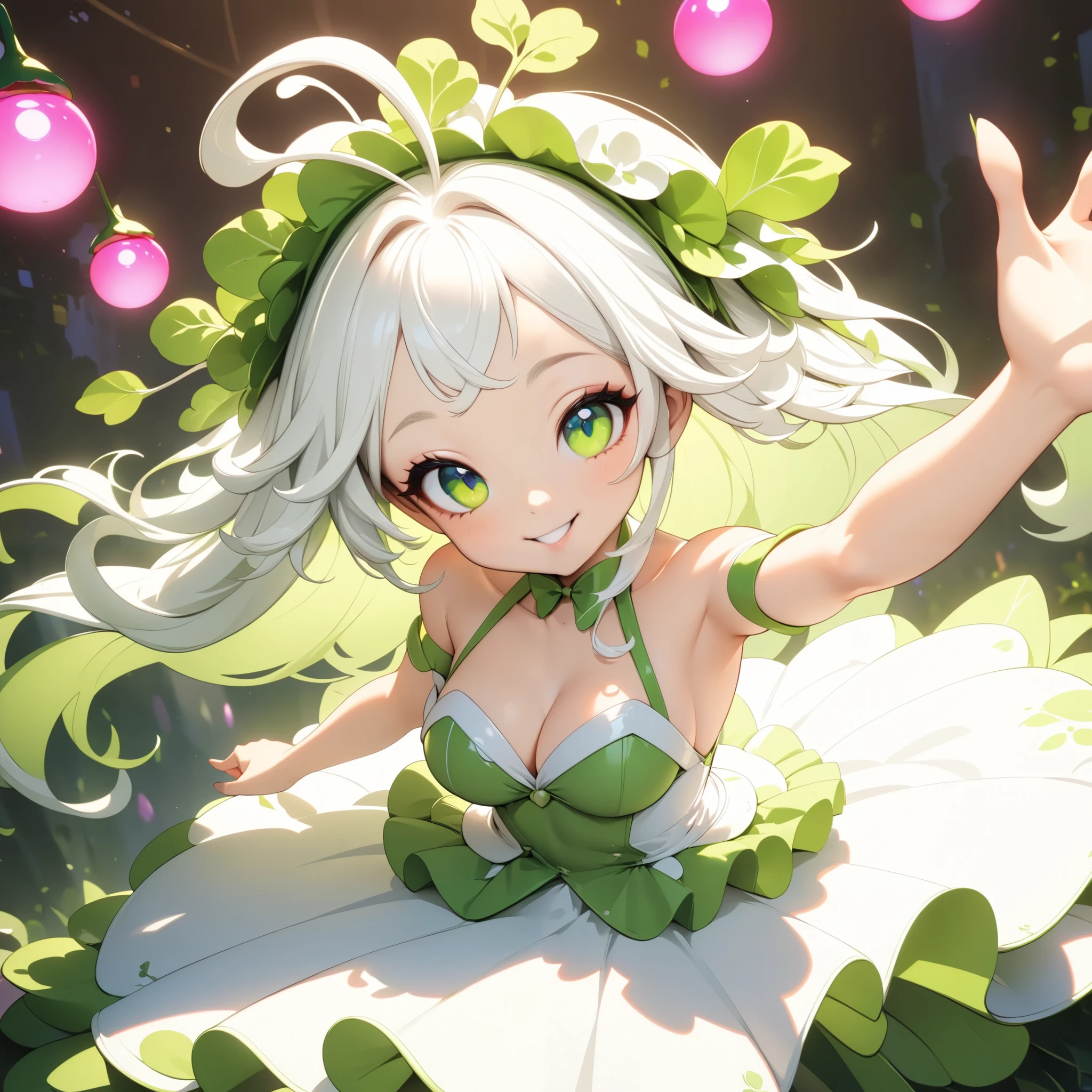 radish humanized,radish girl,cute radish concept costume,cute smile,sexy pose,(best quality,4k,8k,highres,masterpiece:1.2),ultra-detailed,(animestyle, Green and white dress:1.4, Long silver hair),1girl,extremely detailed eyes and face,Sitting, selfie pose, pretty smile,longeyelashes,natural lighting,vibrant colors,fantasy,digital painting,concept art,soft lighting,warm color palette,dynamic pose,flowing hair