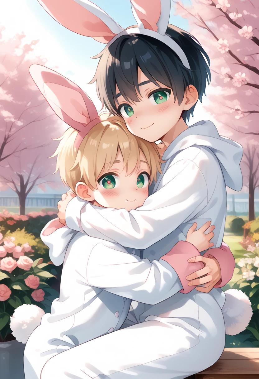 Comic style, comic anime cute boy, black hair, green eyes, slightly blushing, is a primary school boy, baby clothes, bunny suit pink, cute face, big eyes, anime drawing style, shota boy size,slim body, boy's body, gay, boys love it, man and boy, heart in pupil baby boy, small boy, Hug From Behin, hugging boyfriend blonde 