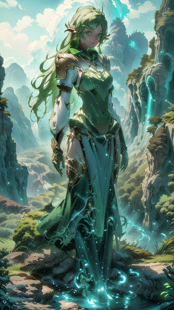 A woman in a green dress 、 is standing on a cliff overlooking the river 。, 4k fantasy art,    Detailed Fantasy Art   ,       beautiful fantasy art      , highly    Detailed Fantasy Art   , High quality fantasy art,    8k fantasy art   ,    Artgerm Julie Bell Beeple   ,    detailed fantasy digital art   ,    Fantasy Style Art   , Mohrbach  , peter Mohrbach style  , very       beautiful fantasy art      