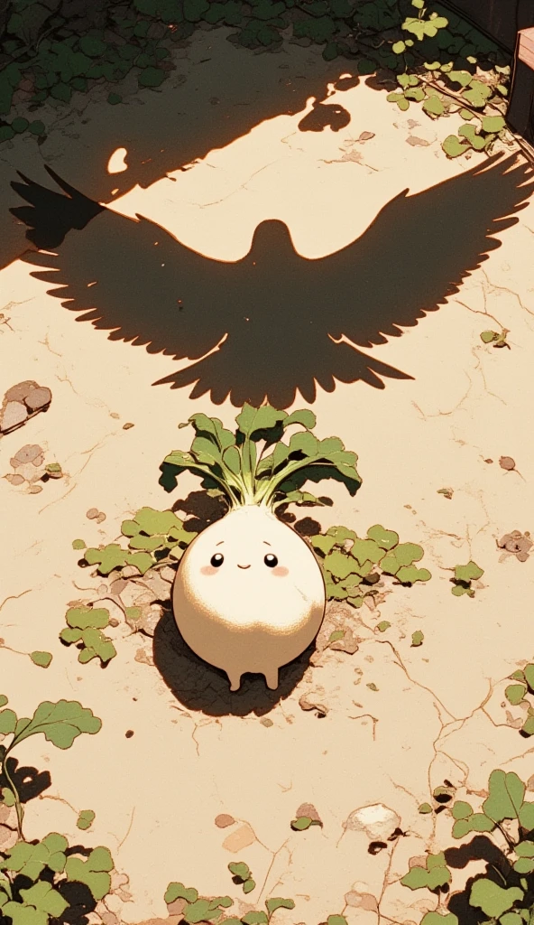 a small daikon on an empty ground being covered entirely by a giant flying bird's shadow. around the area, there is no other shadows aside of the bird's giant shadow. the camera is top-down view, with an extreme wide shot on the daikon to capture the shadow of the bird. the daikon has a cute cartoony face, where it looks at the viewer, it is feeling scared. 