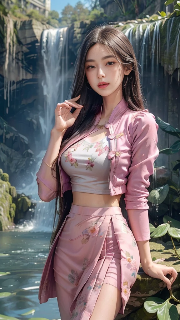 8k, masterpiece, 1 girl, beautiful face, ((very long hair)), glossy makeup, closed mouth, (glossy skin:1.5), detailed eyes, detailed lips, push up breasts, pink short jacket, ultra light vest, ((thin floral Myanmar long skirt)), ((floral skirt)), ((bare thigh)), straps clothing, (waterfall:1.5), water:1.4, steam effect, water vapor, adult pose,