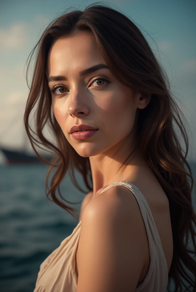 portrait of woman , wearing dress , with medium brown hair, long hair , background ship epic (photo, studio lighting, hard light, sony a7, 50 mm, matte skin, pores, colors, hyperdetailed, hyperrealistic),