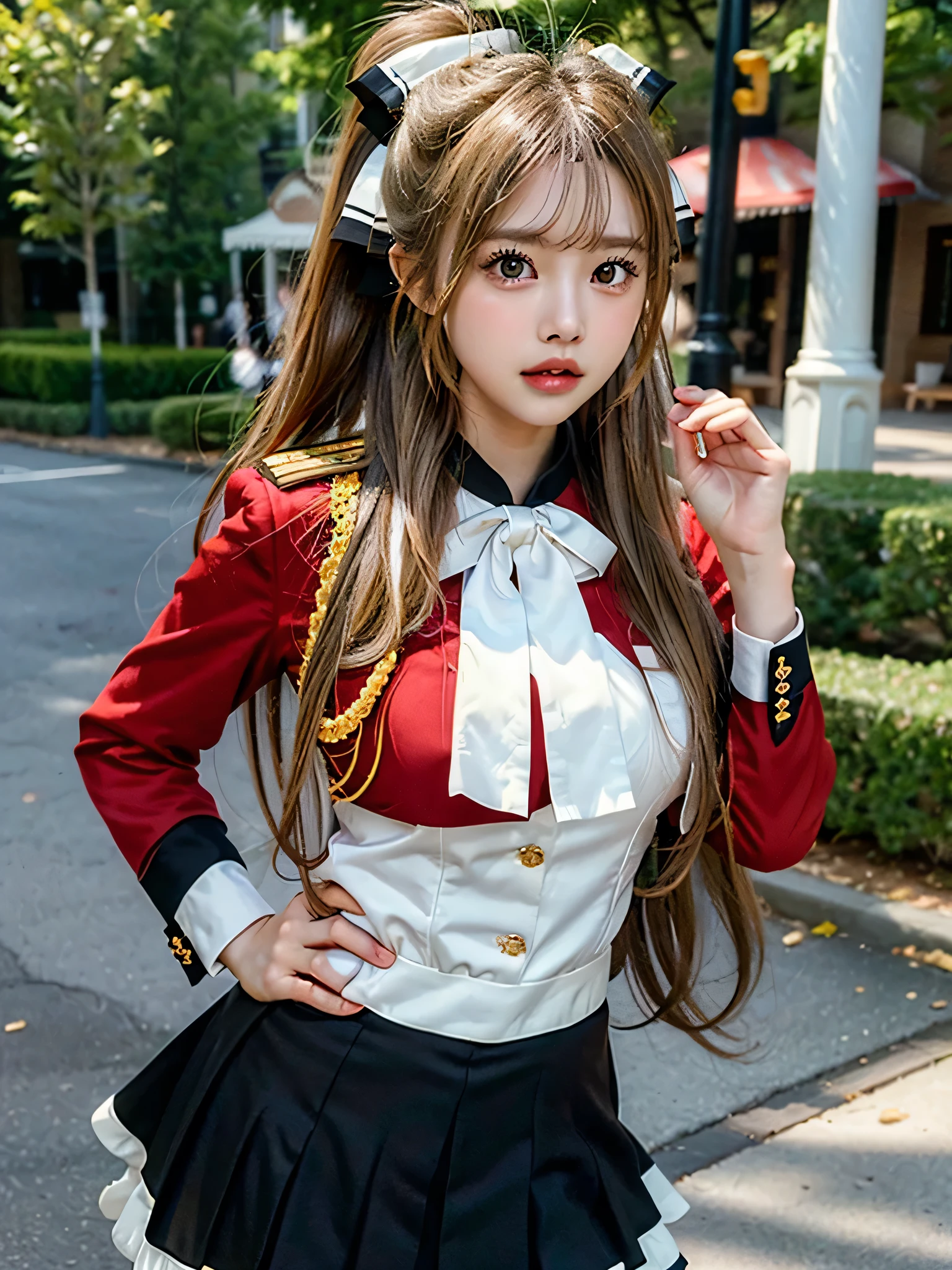 masterpiece, Best Quality, 8K、highres, Sento Isuzu, 1girl, ponytail, (Golden Ratio Face、Balanced eyes、very gentle eyelids)、double eyelid、Beautiful nasal muscles、Shy laughter、Lip Gloss 、Very beautiful girl、Beautiful girl solo like a model、View photographer,  hair bow, brown eyes, uniform, red shirt, aiguillette, black skirt, white thighhighs, amusement park, standing, cowboy shot, hand on hip, sexy pose, dynamic pose, medium breasts