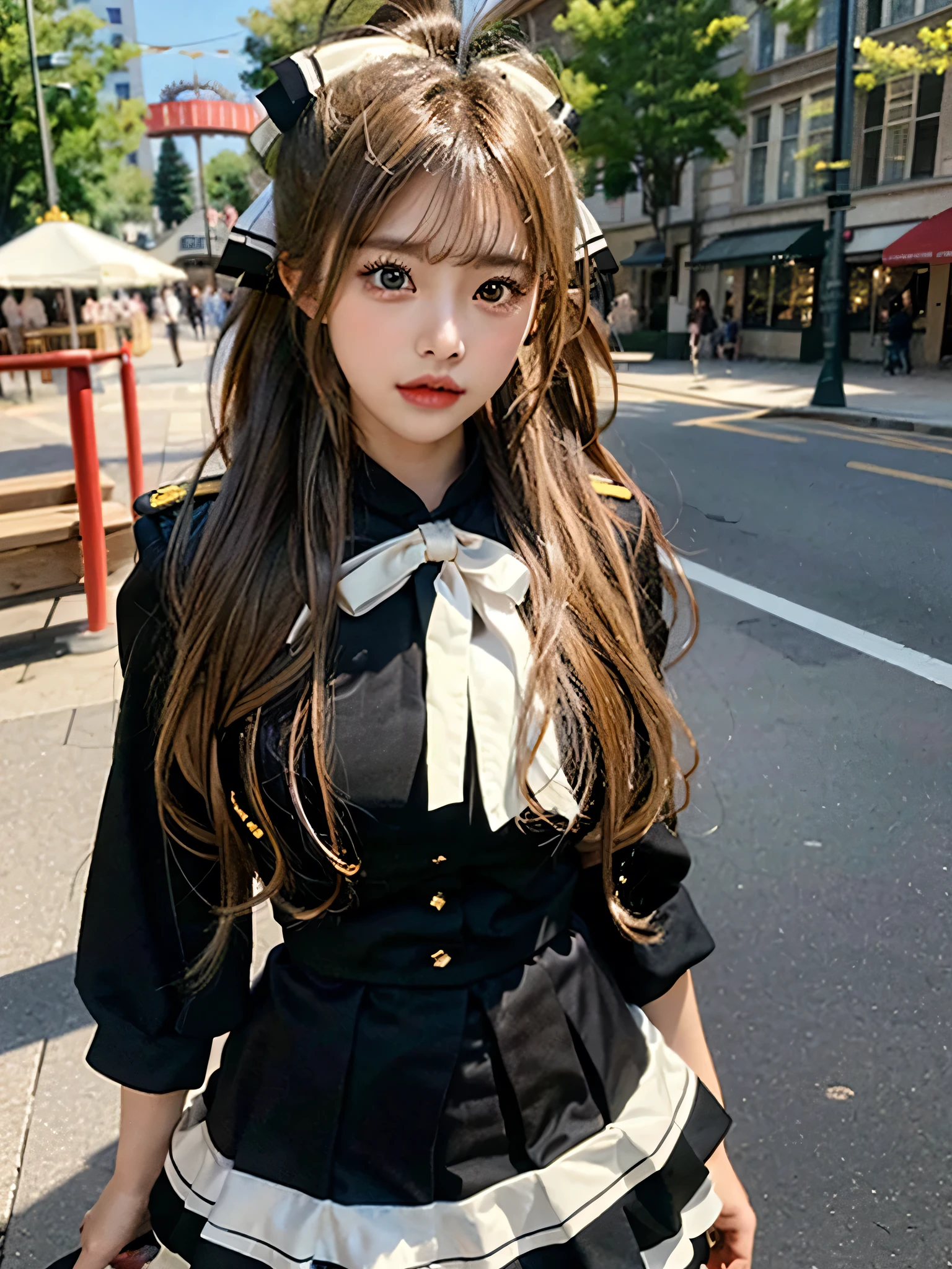 masterpiece, Best Quality, 8K、highres, Sento Isuzu, 1girl, ponytail, (Golden Ratio Face、Balanced eyes、very gentle eyelids)、double eyelid、Beautiful nasal muscles、Shy laughter、Lip Gloss 、Very beautiful girl、Beautiful girl solo like a model、View photographer,  hair bow, brown eyes, uniform, red shirt, aiguillette, black skirt, white thighhighs, amusement park, standing, cowboy shot, hand on hip, sexy pose, dynamic pose, medium breasts