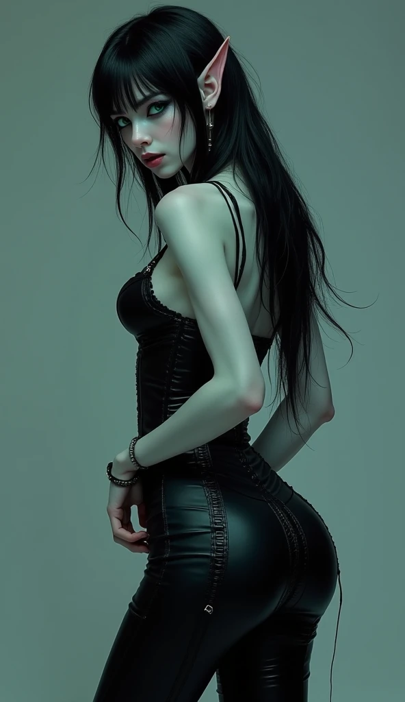 Realistic, Best quality, insane quality, hot 18 years old girl, goth makeup, very long black hair, cute face, seductive look, sexy look, looking at the viewer, seductive smile, sexy long flowing black dress, very pale gray skin, very white grey skin, hot tall and slim body (Anatomically correct proportions ), sexy position,(( hot body with big pretty tits showing, long sleeve)), thick thighs, realistic pretty butt crack, erotic pose, long flowing silky hair, 4k