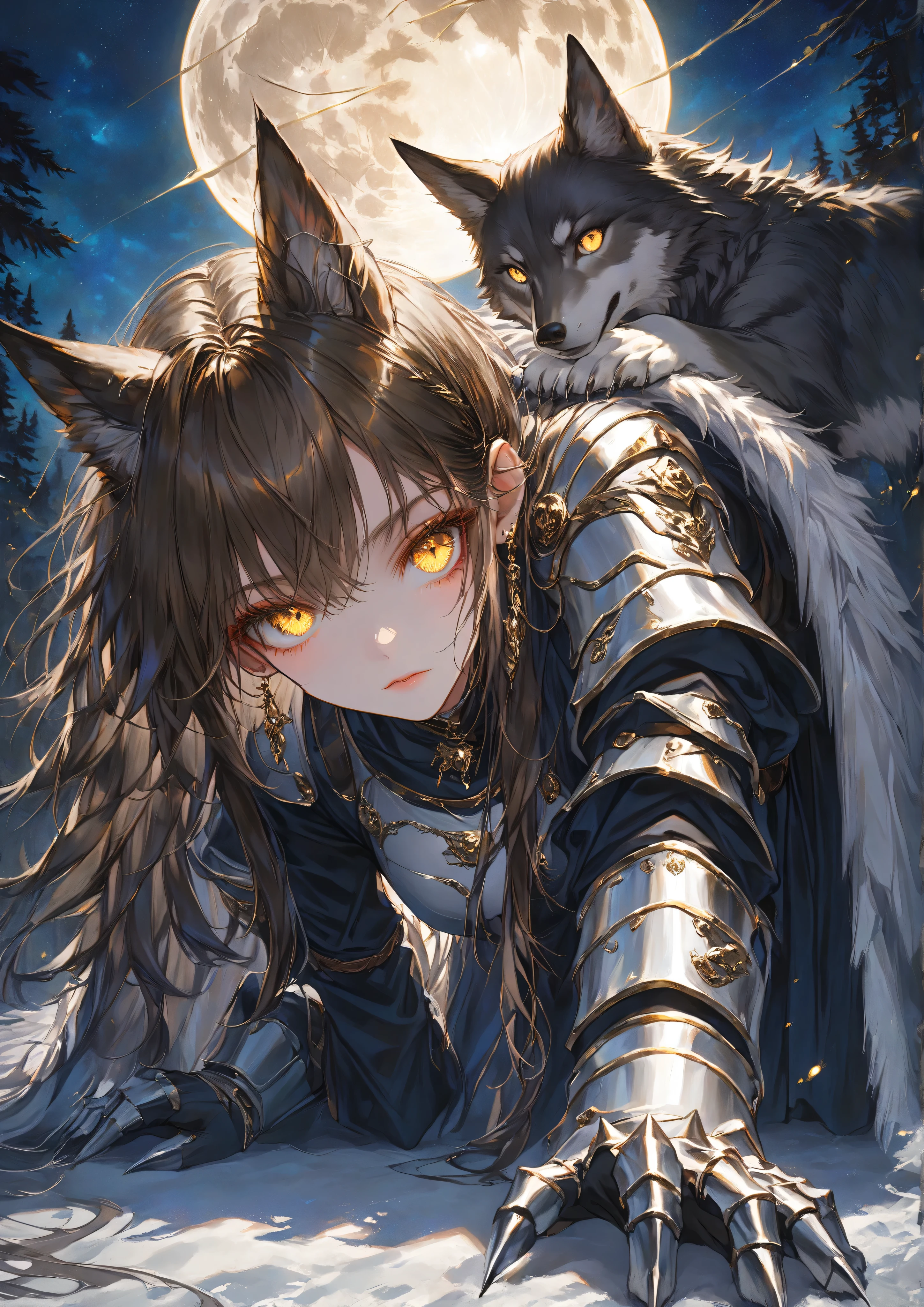 masterpiece, high quality, high resolution, 16K, ultra detailed background, ultra realistic, digital painting, fantasy, precise fingers, kemono girls, long eyelashes, sharp wolf-like eyes, hanging eyes, golden eyes like a wolf, beautiful skin, beautiful legs, dark brown hair like a mane, human ear invisible, silver tail of a beast, hunter's costume, fur-covered, metal armor with claw-like hands, big moon, dark night, crawling on all fours, stylish pose, shoulder-baring clothes