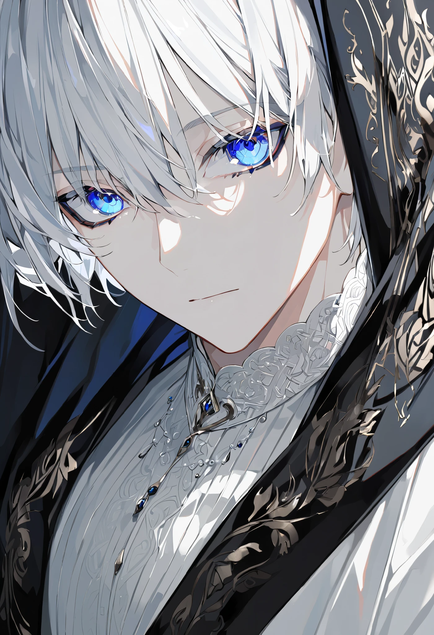 Alone, elegant , 1 male, , shorthair, Black and white hair, Half々, blue eyes, Details, white shirt, White Thailand, black hood