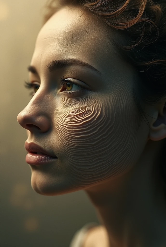 Ripple of Time Portrait: A mystical representation of a face split into concentric ripples, each ripple displaying a different stage of their life. Subtle sepia tones give the artwork a nostalgic touch.Hyper-realistic, intricate ripple effects, surreal composition, high contrast, 8K, dramatic lighting, stunning details, cinematic vibes.