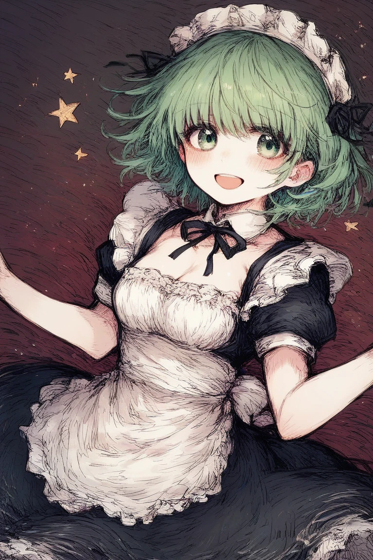 black souls style,1girl, green eyes,green hair,short maid dress ,pale skin, open mouth,smile,happy, blushes, gluttonous, medium breasts,