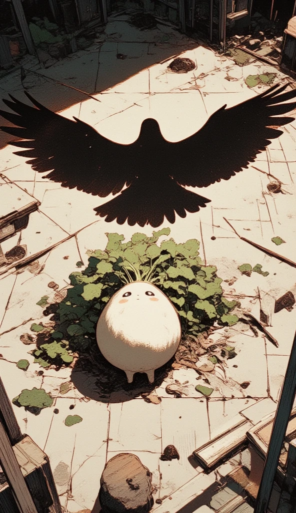 a small daikon on an empty ground being covered entirely by a giant flying bird's shadow. around the area, there is no other shadows aside of the bird's giant shadow. the camera is top-down view, with an extreme wide shot on the daikon to capture the shadow of the bird. the daikon has a cute cartoony face, where it looks at the viewer, it is feeling scared. 