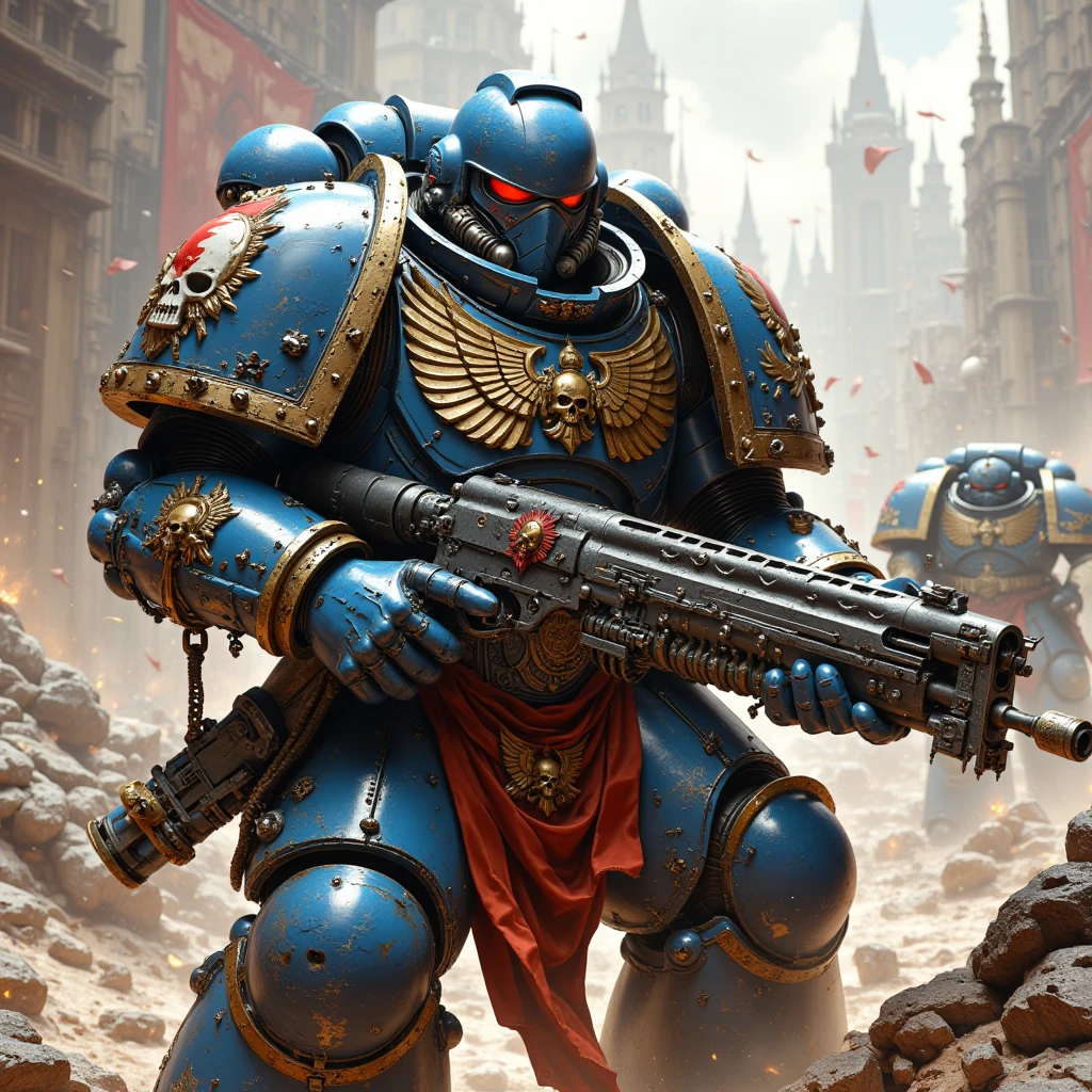 A Space Marine, with full armor changing his rifle for a bigger weapon he found on the battleground