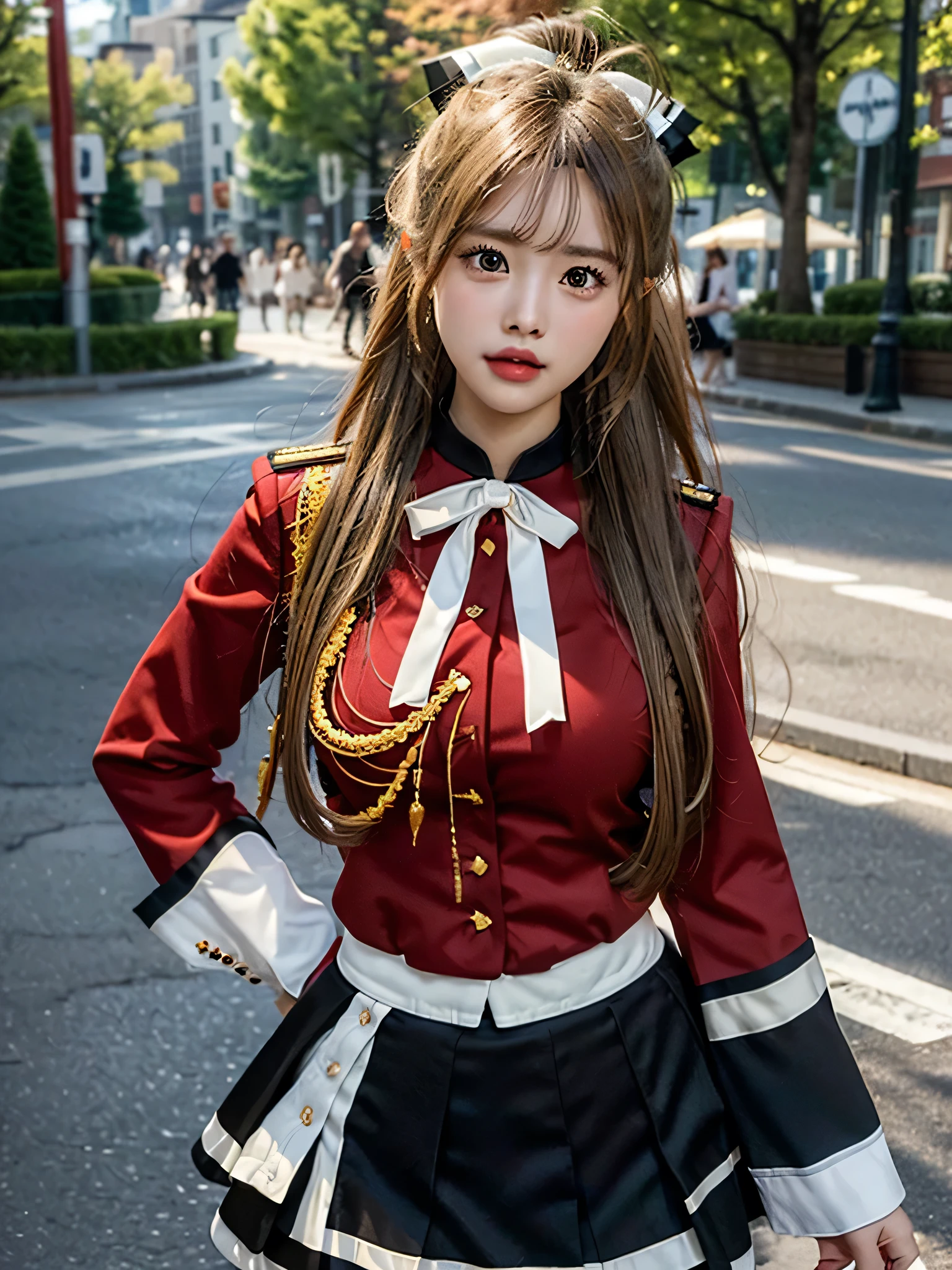 masterpiece, Best Quality, 8K、highres, Sento Isuzu, 1girl, ponytail, (Golden Ratio Face、Balanced eyes、very gentle eyelids)、double eyelid、Beautiful nasal muscles、Shy laughter、Lip Gloss 、Very beautiful girl、Beautiful girl solo like a model、View photographer, hair bow, brown eyes, uniform, red shirt, red uniform, aiguillette, black skirt, white thighhighs, amusement park, standing, cowboy shot, hand on hip, pose, dynamic pose,