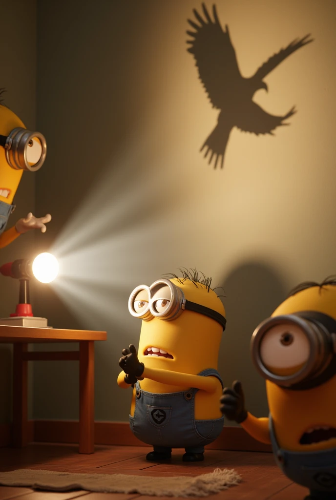 3d image of a minion placing his hands in front of the light of a flashlight on the table in the corner of a room and projecting the shadow of an eagle reflected on the wall in the other corner of the room, Are there several other Minions who get scared looking at the shadow on the wall and jumping off the floor 